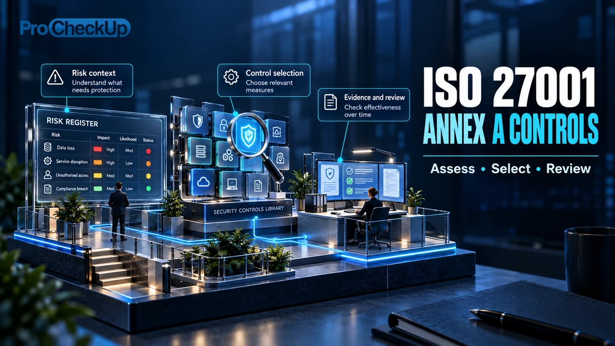 Iso 27001 Annex A Controls. Assess, Select, Review. Risk context: Understand what needs protection; Control selection: Choose relevant measures; Evidence and review: Check effectiveness over time.