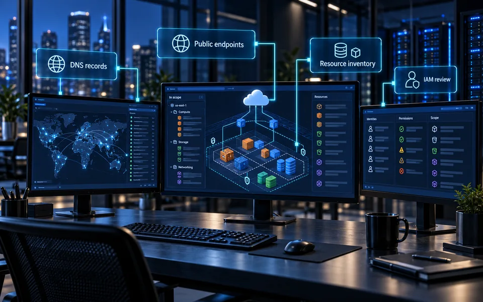 AWS information gathering: Public endpoints, DNS records, Resource inventory, IAM review.