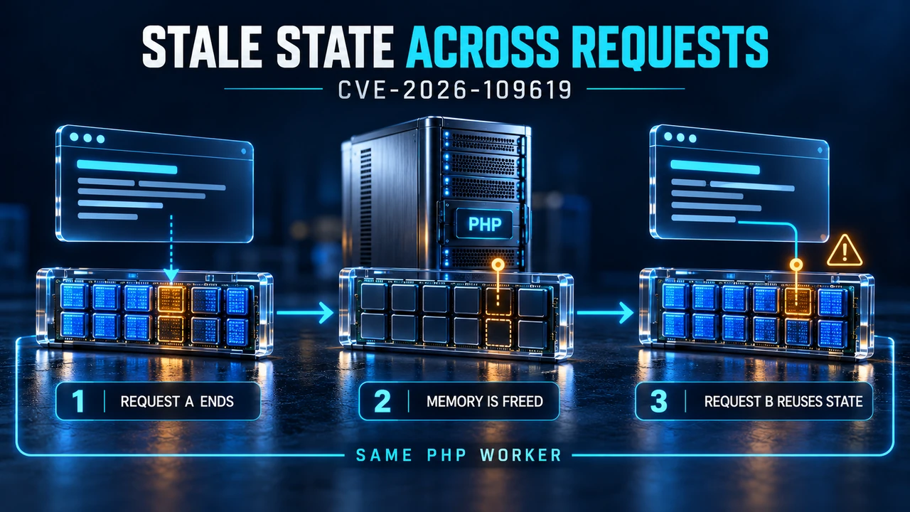CVE-2026-109619: request A ends, its memory is freed, and request B consumes stale state in the same PHP worker.