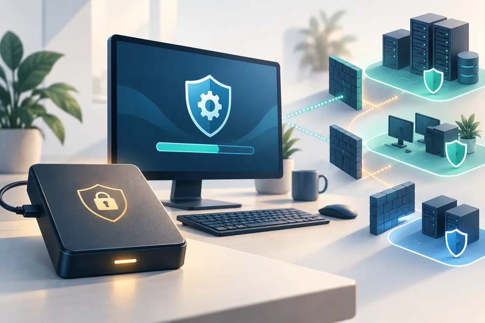 Illustration of software updates, isolated systems and backups for ransomware recovery.