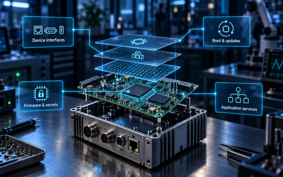 IoT firmware analysis. Hardware and device access: Device components and interfaces; Agreed access and device state. Boot and update integrity: Boot process and firmware update path; Integrity and authenticity checks. Firmware files and binaries: File-system contents and binary review; Embedded credentials and secrets. Application layer: Application logic and exposed services; Validate findings in device context.